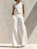 Women's Minimalist Linen-Blend Contrast-Stitched Blouse & Wide-Leg Pants Set