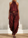 Women's Satin Halter Neck Two-Piece Trouser Set – Gathered Sleeveless Top and Relaxed Harem Pants for Elegant Summer Evening Wear