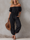 Women's Casual Black Woven Off-Shoulder Sleeveless Jumpsuit