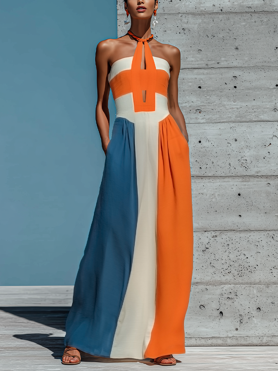 Women’s Orange White Blue Color Block Sleeveless Backless Halter Keyhole Strapless Smocked Bodice Pleated Maxi Dress