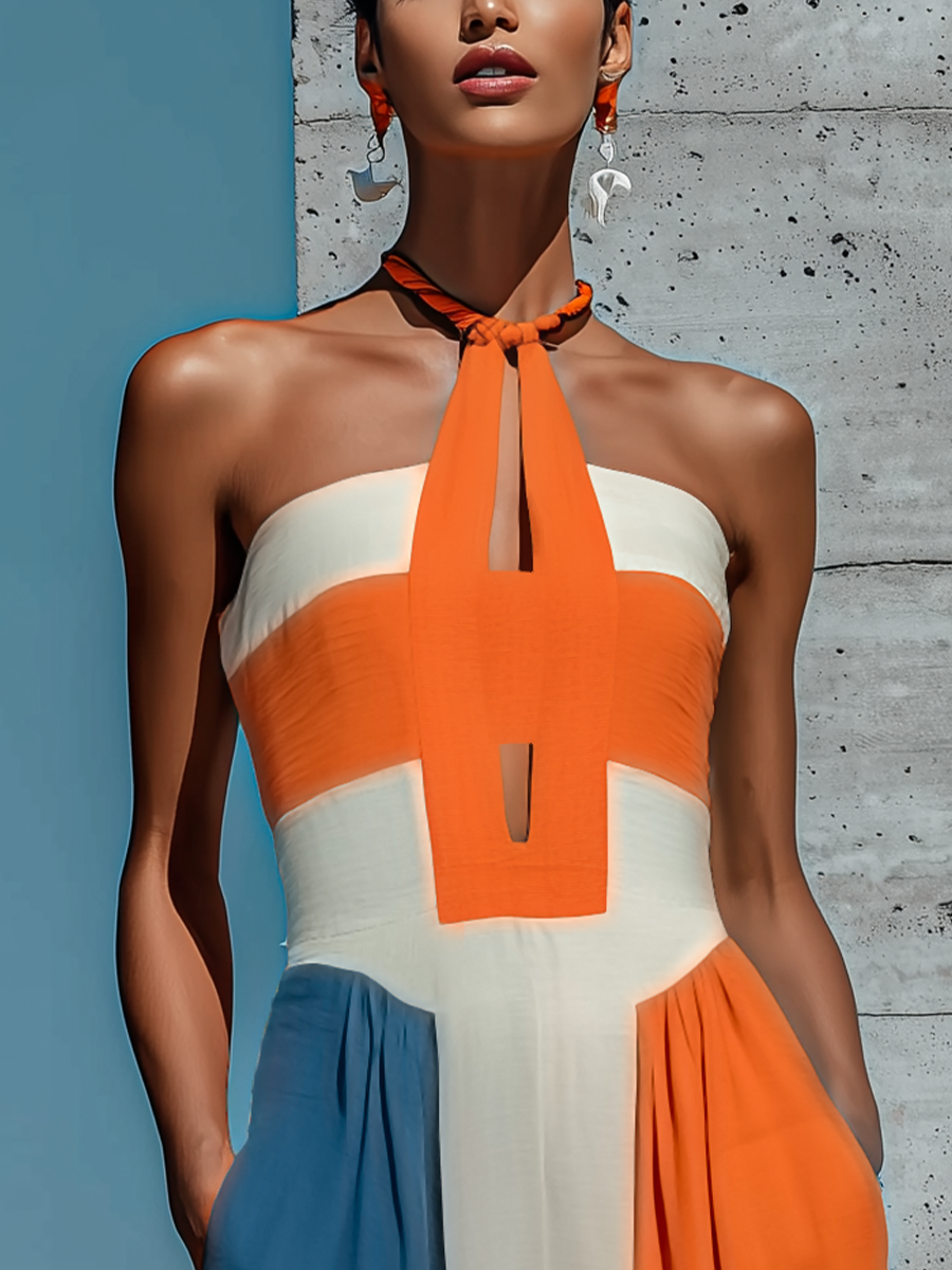 Women’s Orange White Blue Color Block Sleeveless Backless Halter Keyhole Strapless Smocked Bodice Pleated Maxi Dress