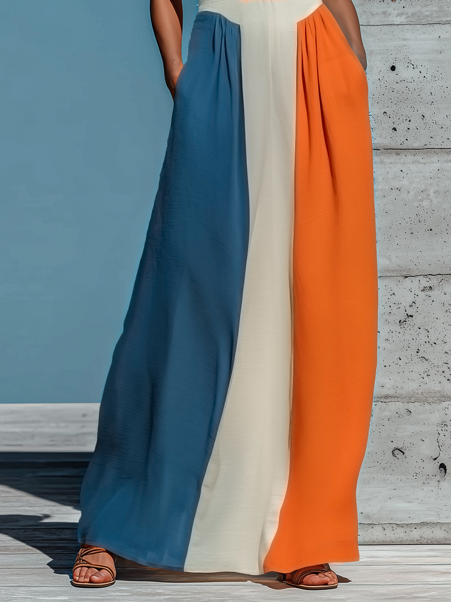 Women’s Orange White Blue Color Block Sleeveless Backless Halter Keyhole Strapless Smocked Bodice Pleated Maxi Dress