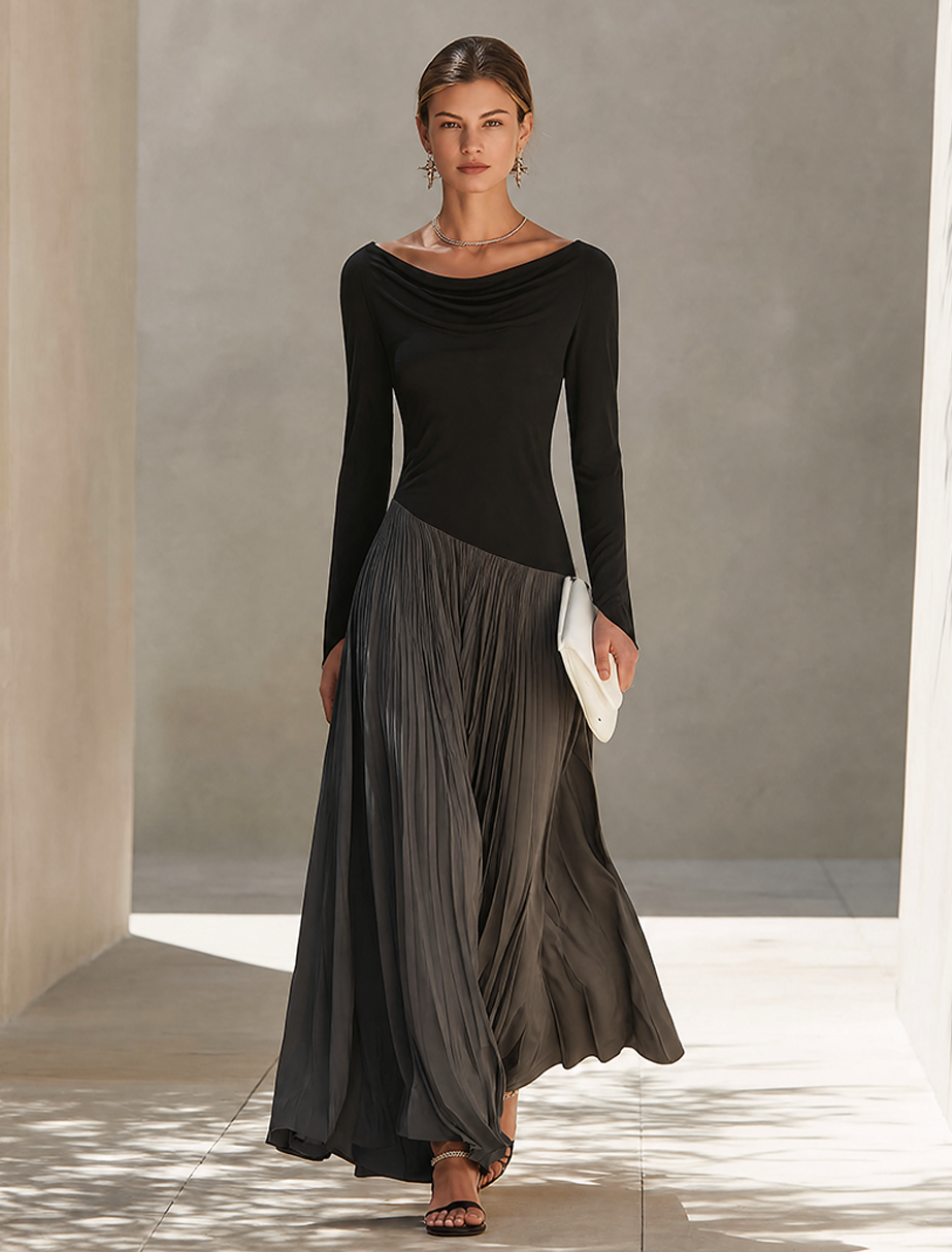 Eden - Minimalist Two-Tone Color-Block Maxi Dress With Drape Neckline