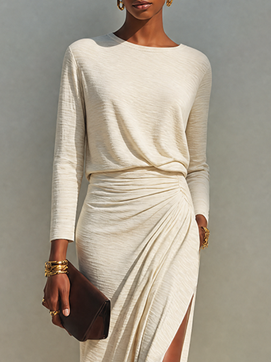 Women's Long Sleeve Beige Bodycon Cotton-Blend Crew-Neck Ruched Slit Maxi Dress