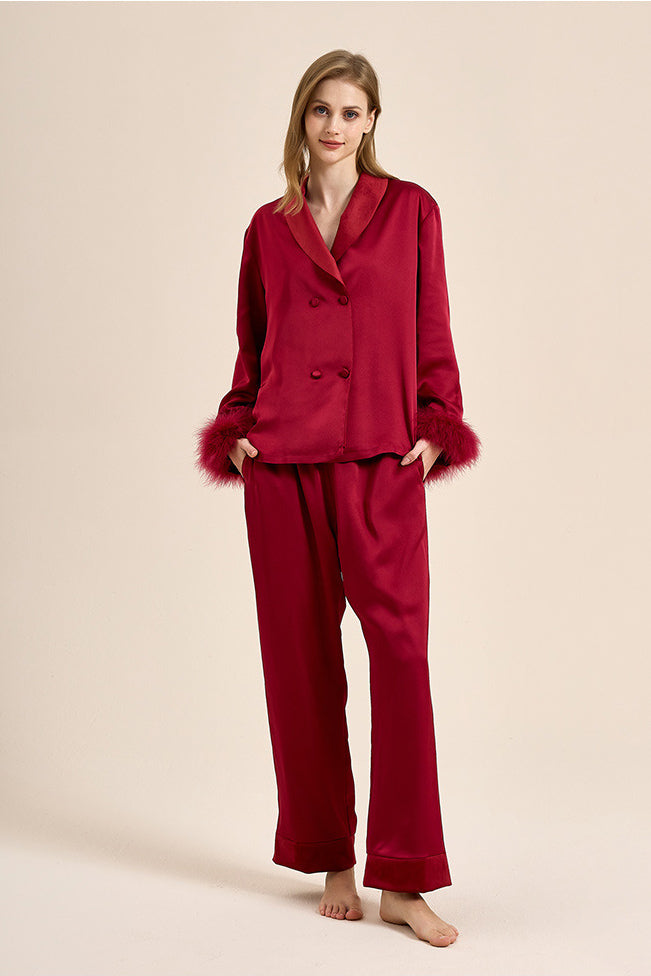 Coordinated Feather Trim Red Pajama Set