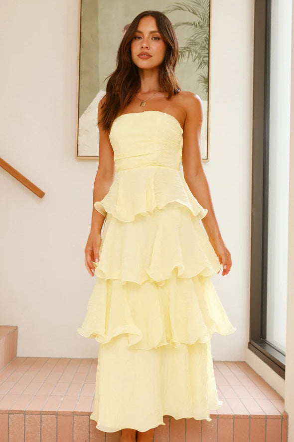 Sexy Stylish Strapless Open-Back Tiered Midi-Length Dress