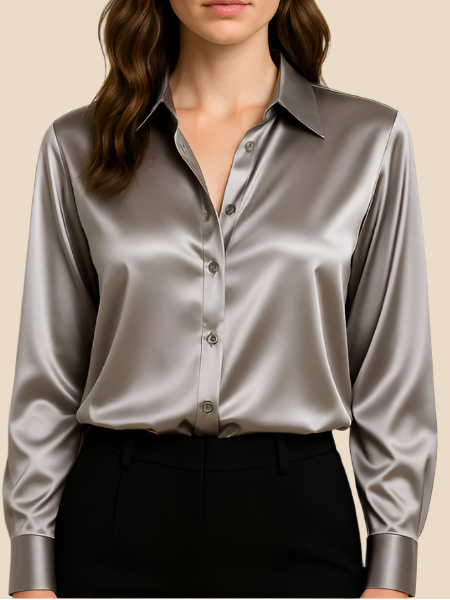 Women’s Satin Button-Front Shirt with Classic Collar – Soft Draping and Long Sleeves for Work and Evening Wear