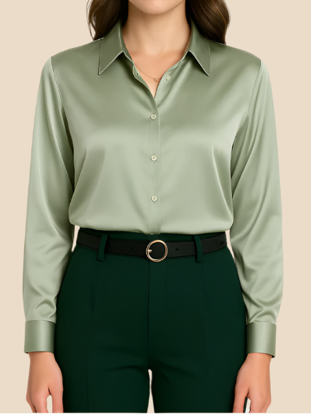Women’s Satin Button-Front Shirt with Classic Collar – Soft Draping and Long Sleeves for Work and Evening Wear