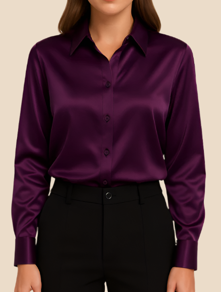 Women’s Satin Button-Front Shirt with Classic Collar – Soft Draping and Long Sleeves for Work and Evening Wear