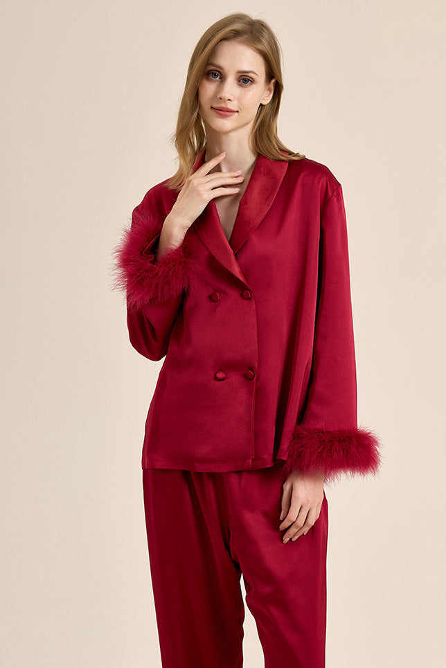 Coordinated Feather Trim Red Pajama Set