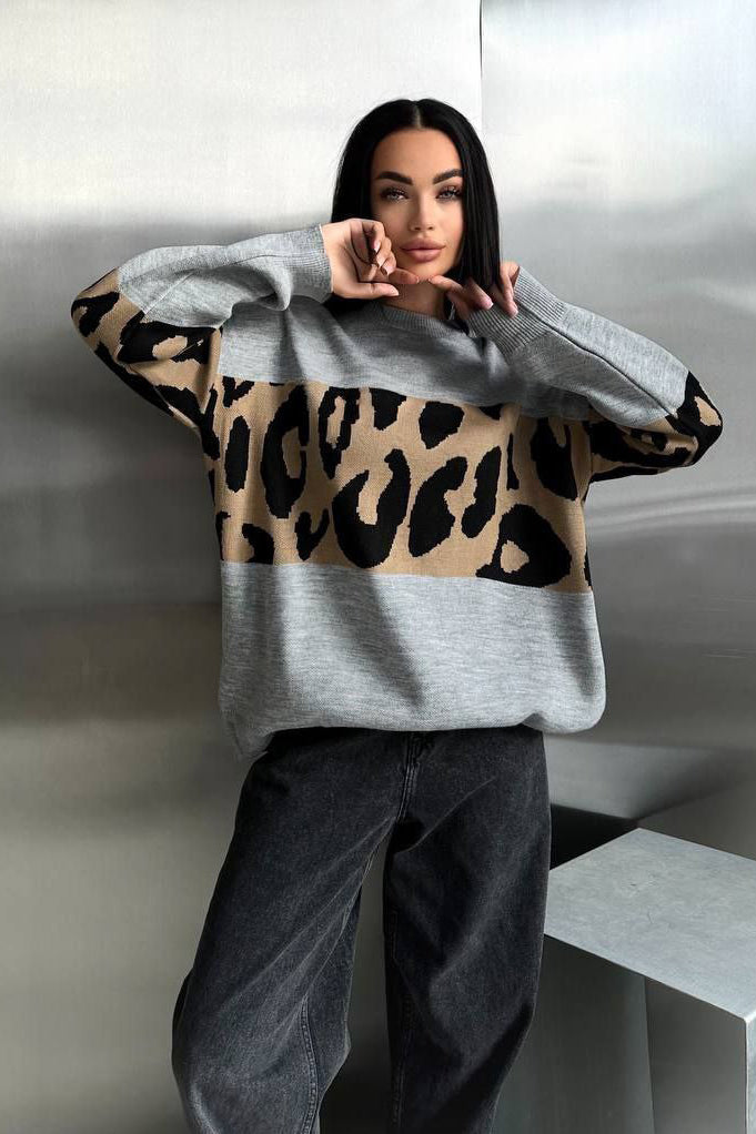 Retro Leopard Print Color-Block Knit Sweater