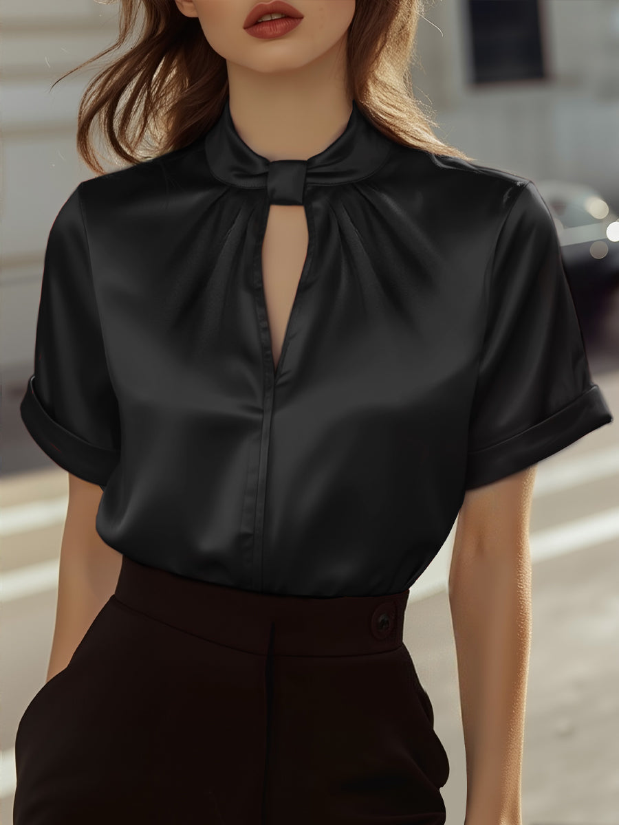 Women’s Satin Keyhole Blouse with Short Cuffed Sleeves – Relaxed Fit and Gathered Neckline for Elegant Styling
