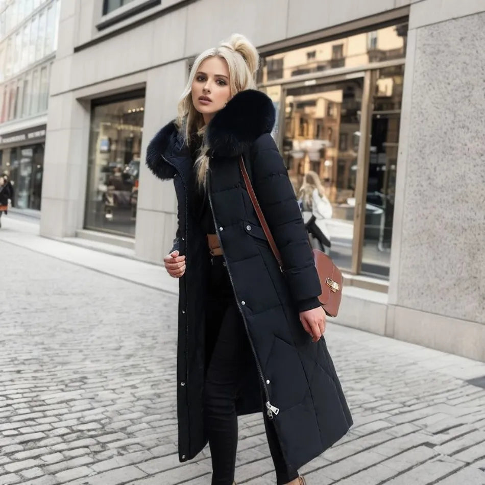 Women's Longline Quilted Puffer Winter Coat with Oversized Fur-Trimmed Hood and Adjustable Waist – Warm Padded Maxi Jacket for Elegant Casual Cold Weather Outfits and Everyday Winter Layering