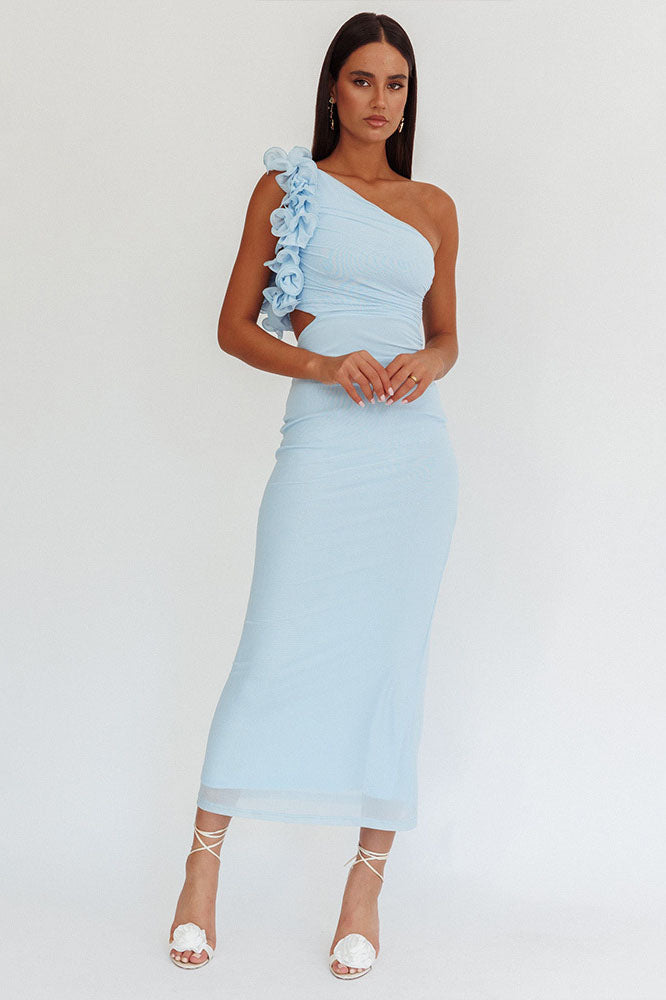 Statement Flower One-Shoulder Fitted Midi-Length Dress