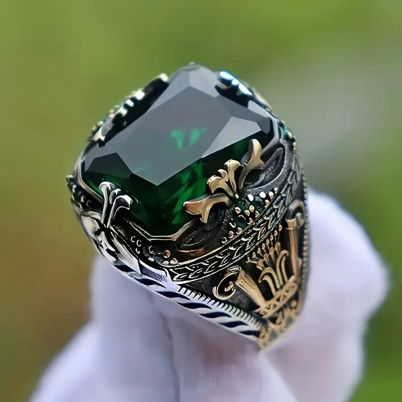 Rinaldo Men's Ring with Rectangular Stone and Carved Details