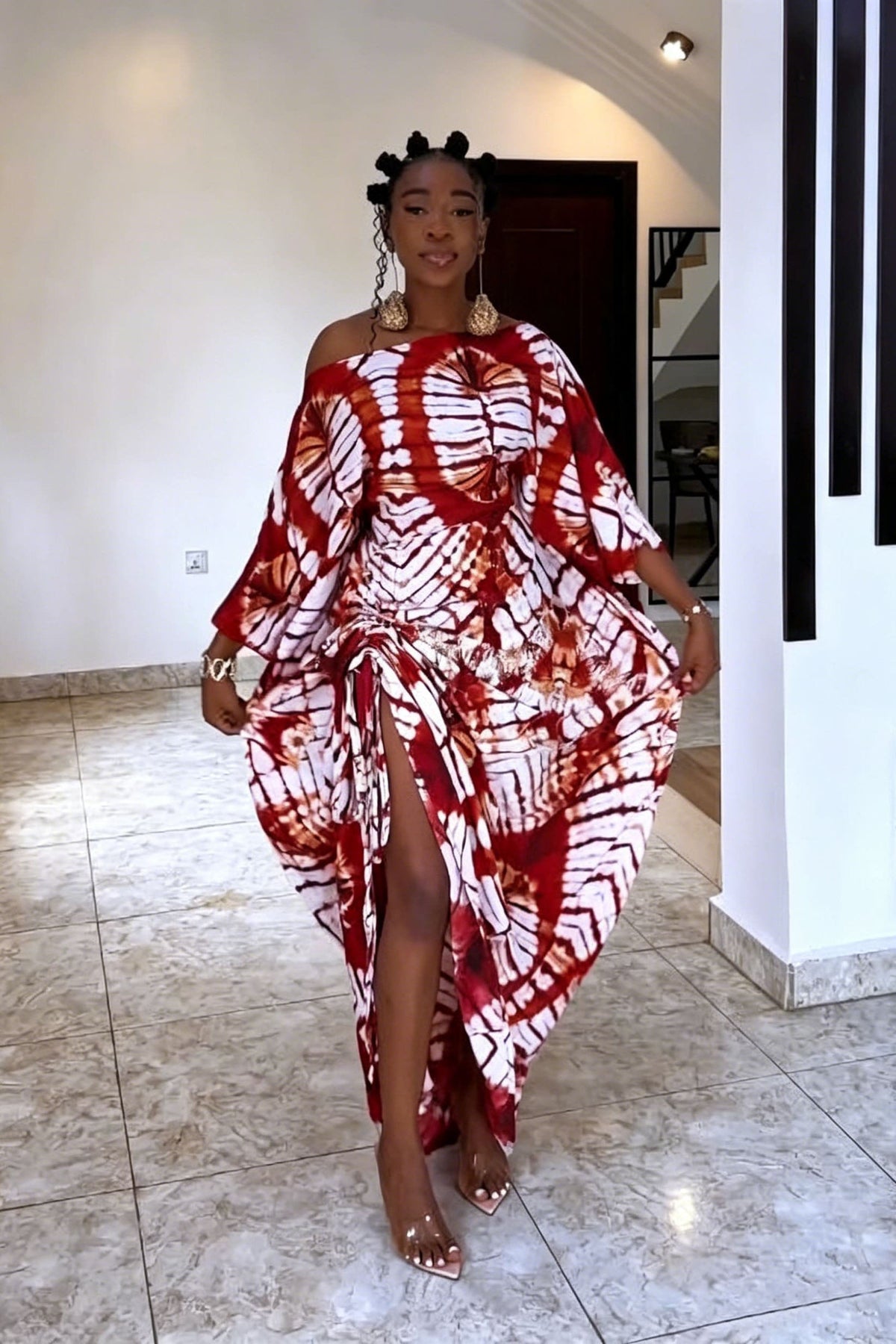 Tie-Dye Asymmetrical Off-Shoulder Maxi-Length Dress