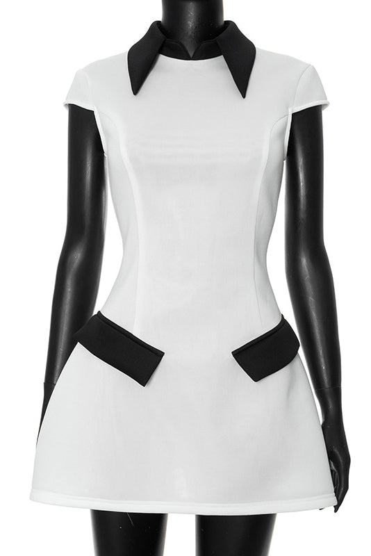 Elegant Mini Dress with Contrast Collar and Pocket Details