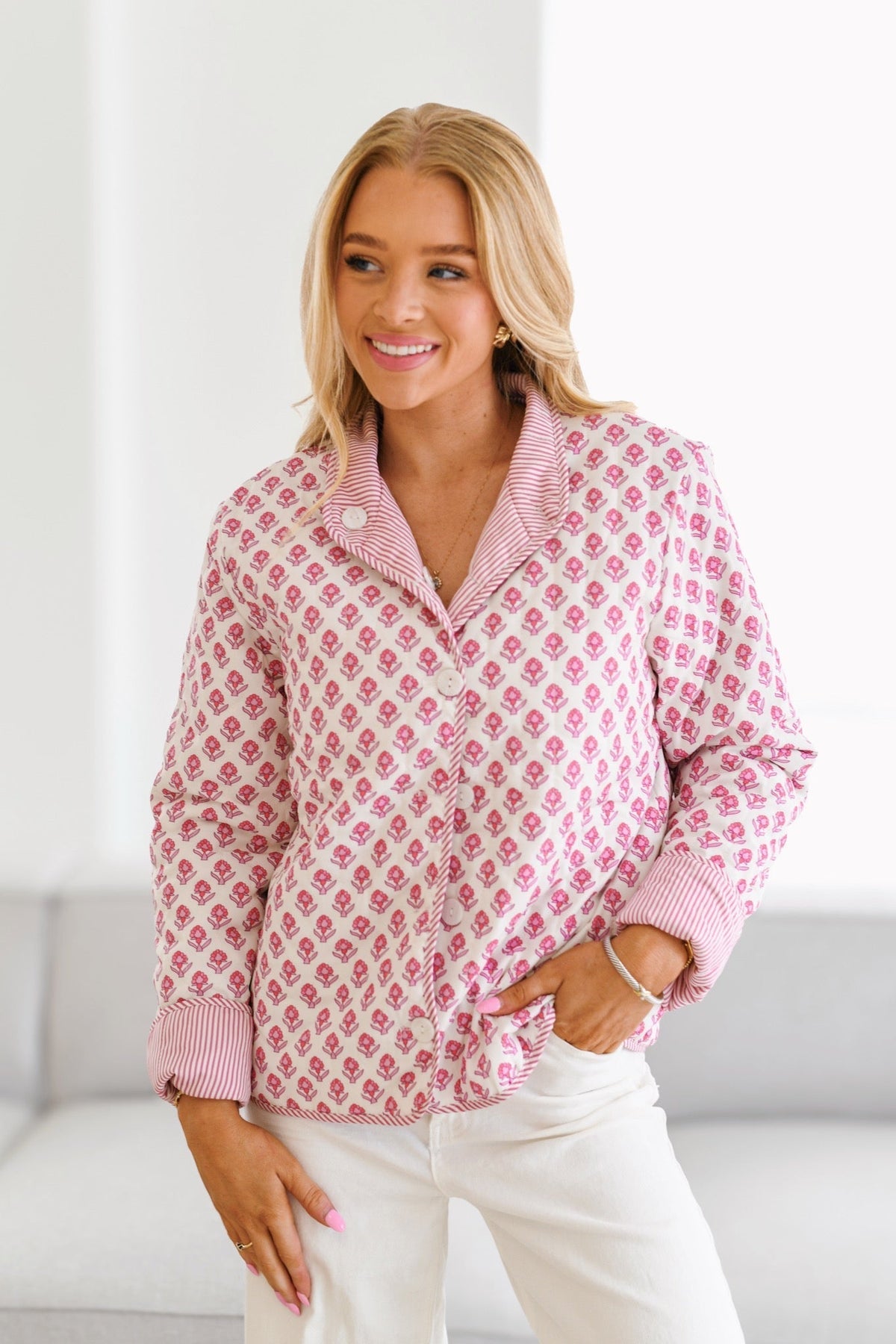 Lola Patterned Quilted Jacket-Baby Pink