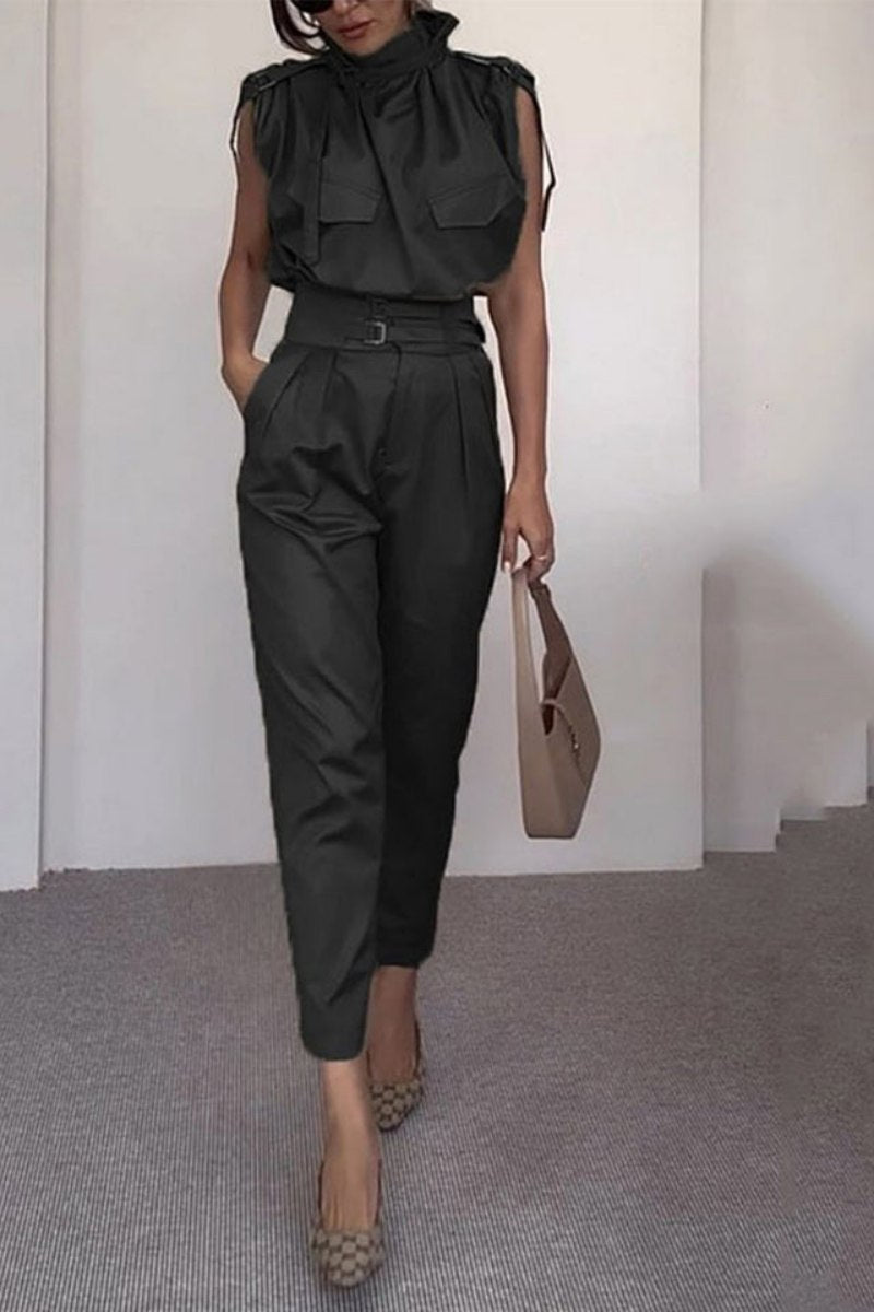 Coordinated Side Pocket Belt Long Pant Set