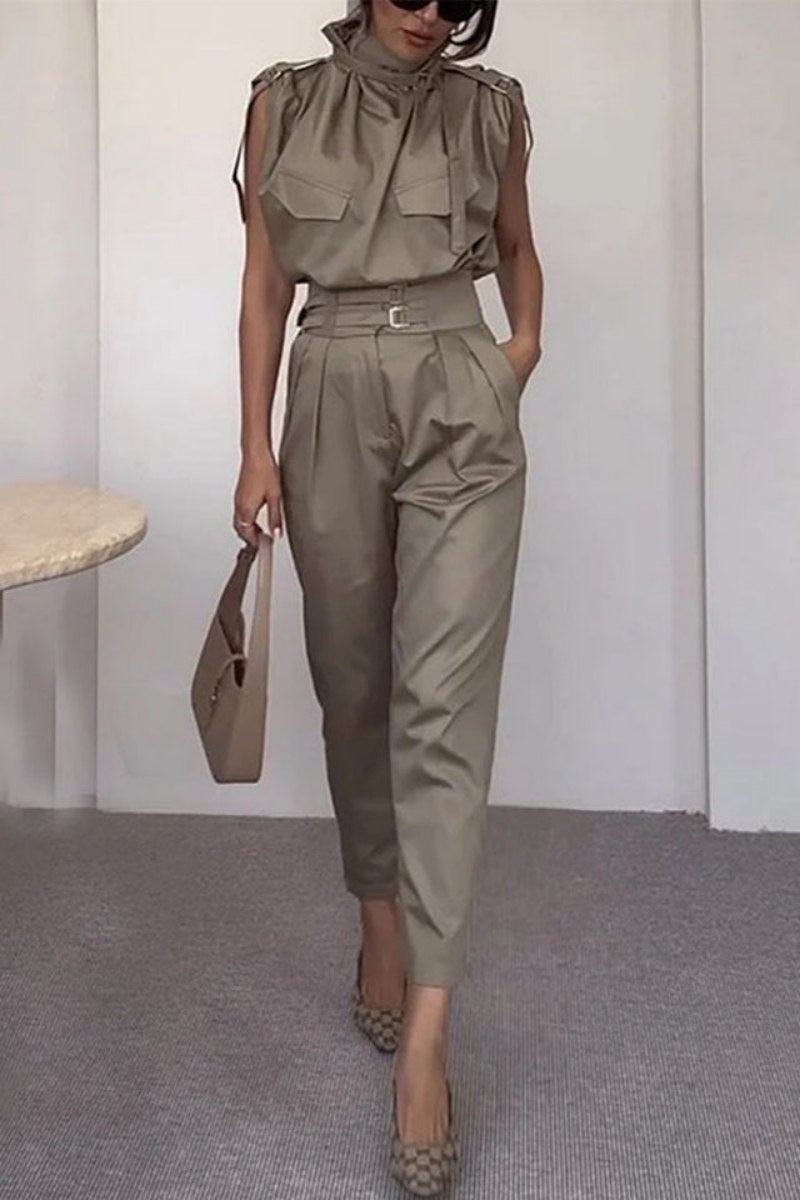 Coordinated Side Pocket Belt Long Pant Set