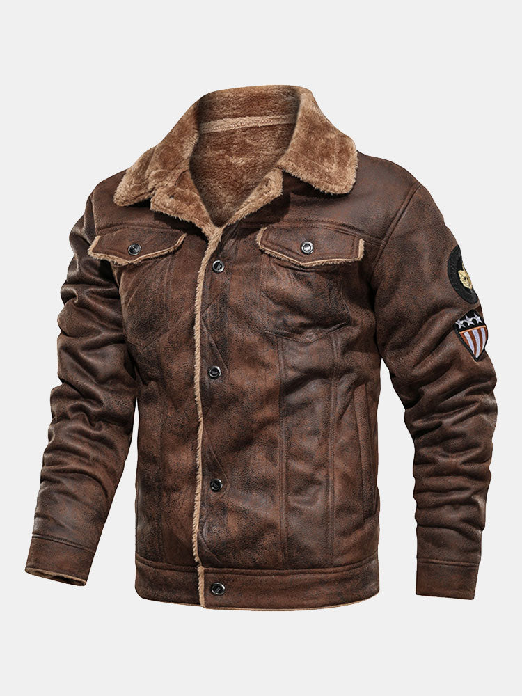 Men's Faux Suede Jacket with Faux Fur Lining – Vintage Distressed Button-Up Winter Outerwear with Sherpa Collar and Chest Pockets