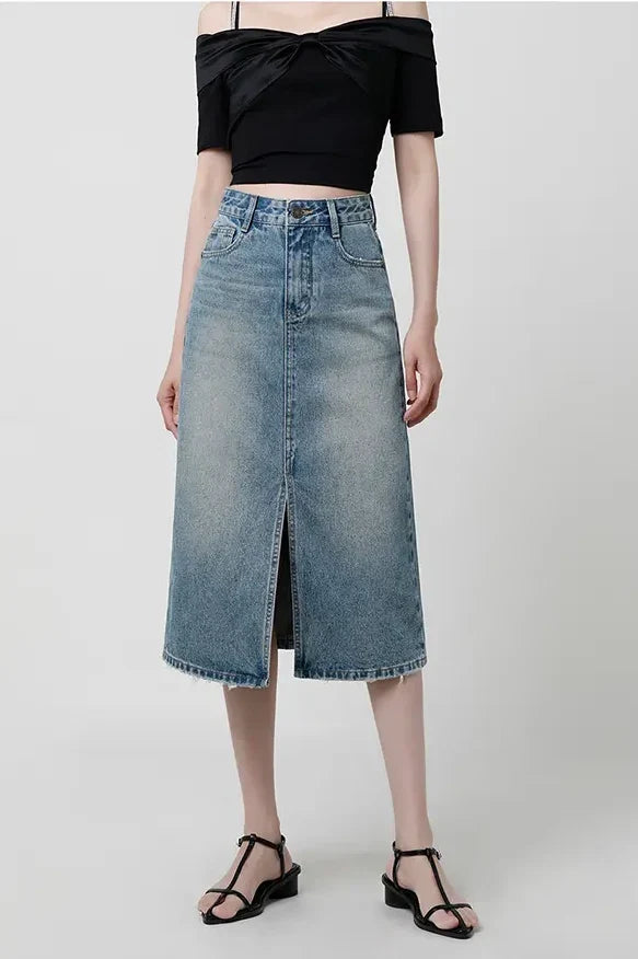 High-Waisted Slit Denim Skirt