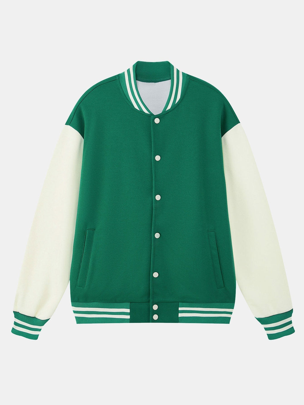 Men's Contrast Sleeve Varsity Baseball Jacket – Classic Cotton Snap-Button College Outerwear with Striped Ribbed Trims for Spring and Autumn