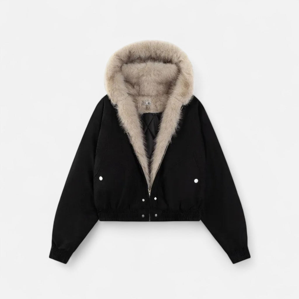 Women's Cropped Hooded Winter Bomber Jacket with Plush Fur Trim – Oversized Relaxed Fit Warm Casual Outerwear for Autumn and Winter