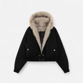 Women's Cropped Hooded Winter Bomber Jacket with Plush Fur Trim – Oversized Relaxed Fit Warm Casual Outerwear for Autumn and Winter