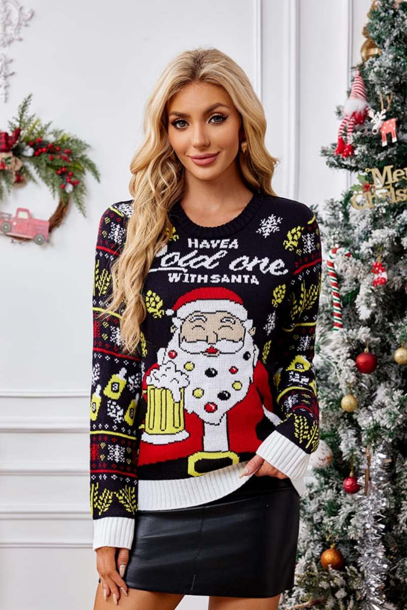 Relaxed Crew Neck Knit Sweater Santa Claus Enjoying a Beer