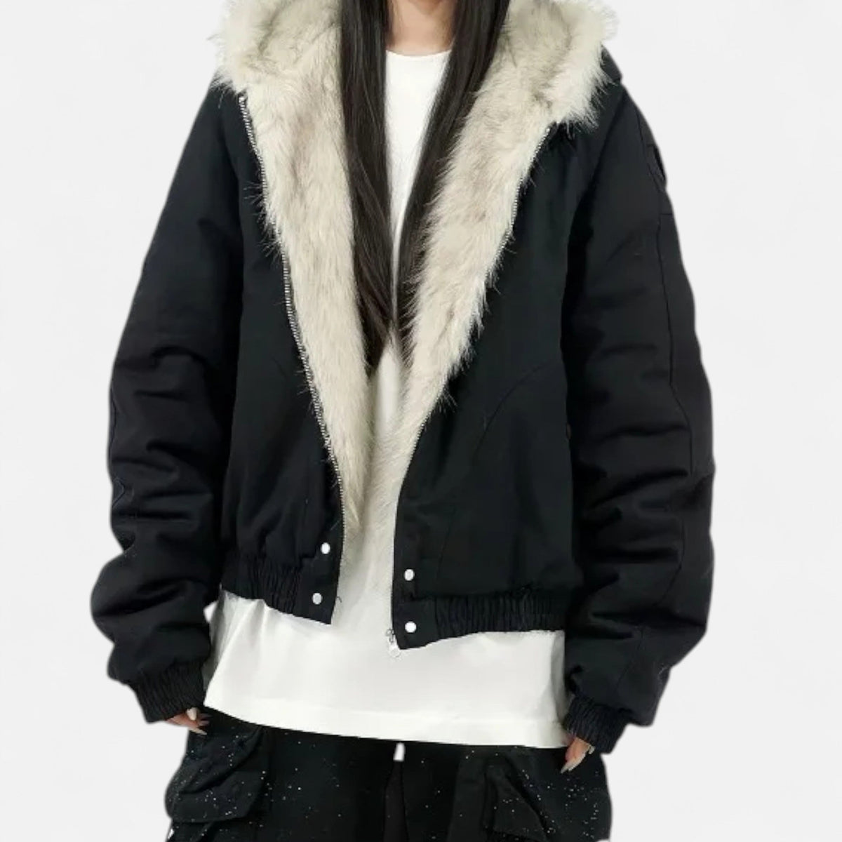 Women's Cropped Hooded Winter Bomber Jacket with Plush Fur Trim – Oversized Relaxed Fit Warm Casual Outerwear for Autumn and Winter