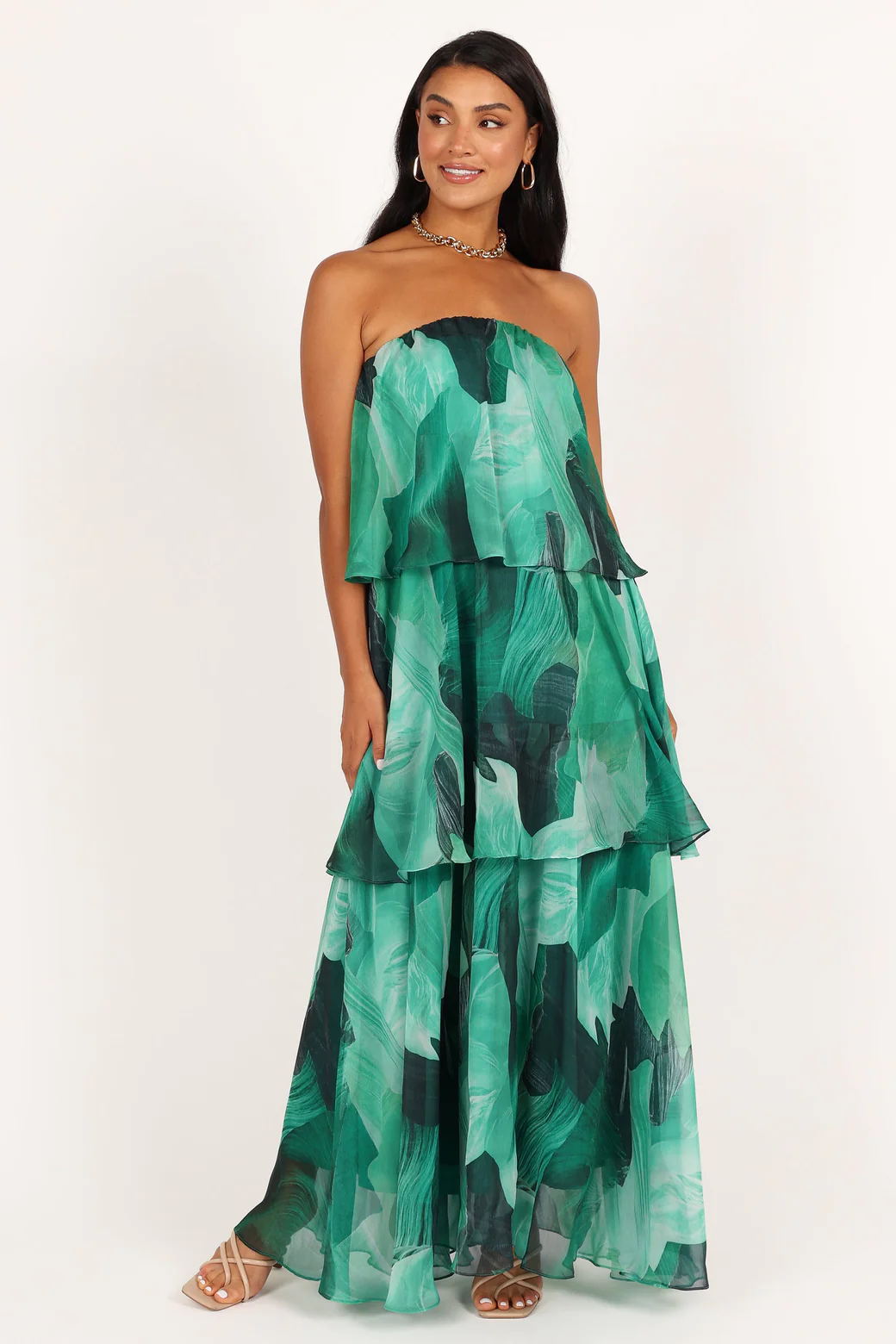 Calista Green Bloom Strapless Tiered Maxi-Length Dress