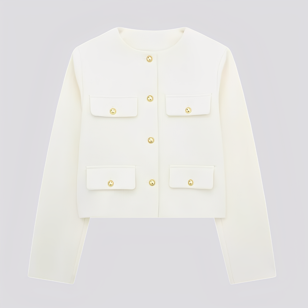 Women’s Cropped Collarless Jacket with Decorative Buttons and Flap Pockets – Elegant Tailored Layer for Smart Casual Wear