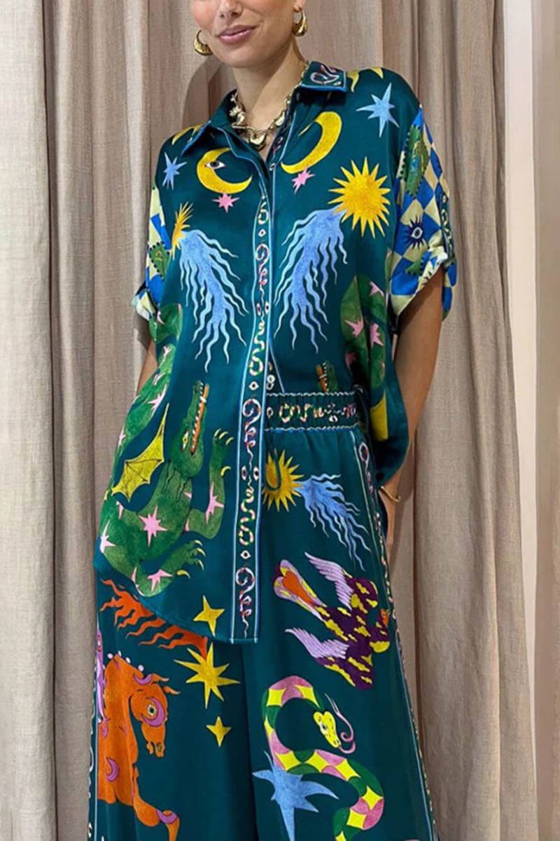 Distinctive Print Elastic Waist Pocketed Wide-Leg Trousers Set