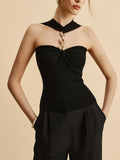 Women's Elegant Halter Neck Knitted Top with Decorative Chain Detail – Ruched Fitted Sleeveless Style for Evening and Smart Casual Wear