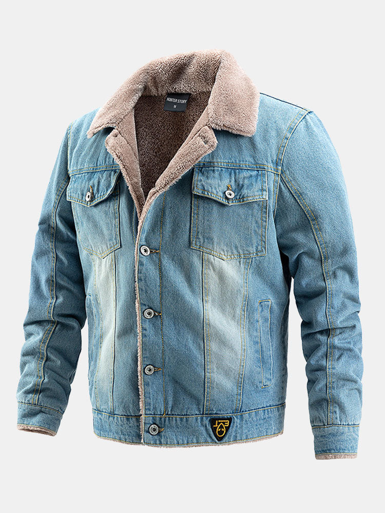 Men's Sherpa-Lined Denim Jacket with Button Front – Warm Vintage Style Outerwear for Autumn and Winter