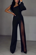 Women's One-Shoulder Wide-Leg Jumpsuit with Sheer Sequin Panel – Elegant Evening and Party Wear