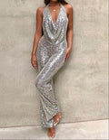 Women's Sequin Halter Neck Wide-Leg Jumpsuit – Elegant Cowl Front Evening Occasionwear