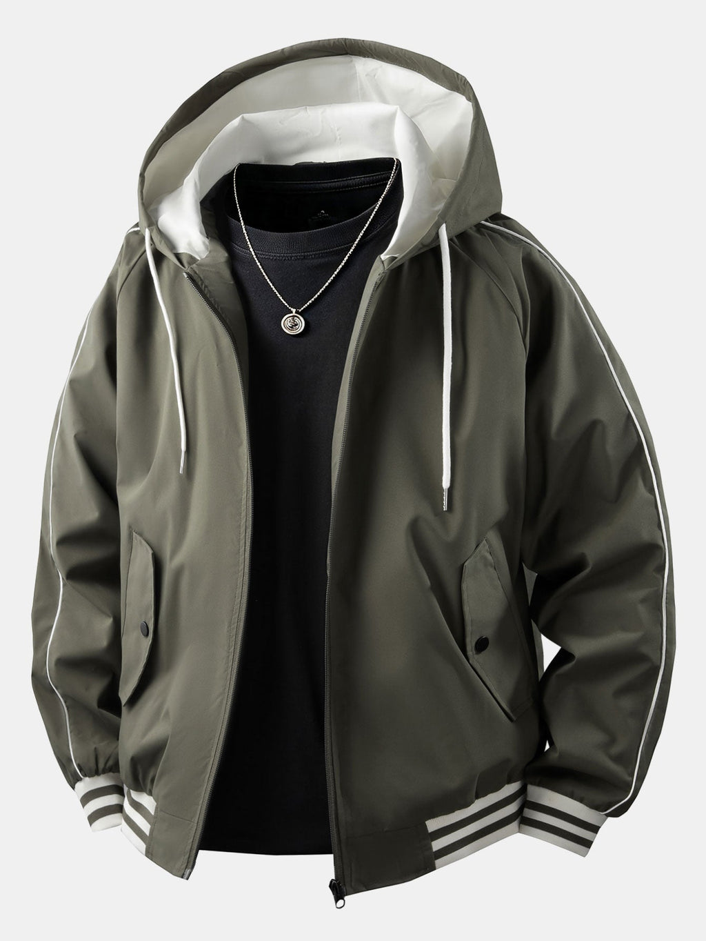 Men's Relaxed Hooded Bomber Jacket – Contrast Lined Zip-Up Outerwear with Striped Ribbed Trims for Casual Streetwear