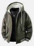 Men's Relaxed Hooded Bomber Jacket – Contrast Lined Zip-Up Outerwear with Striped Ribbed Trims for Casual Streetwear