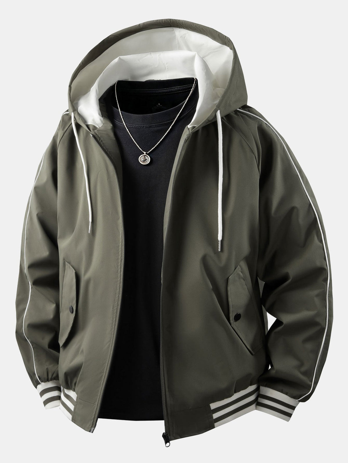 Men's Relaxed Hooded Bomber Jacket – Contrast Lined Zip-Up Outerwear with Striped Ribbed Trims for Casual Streetwear