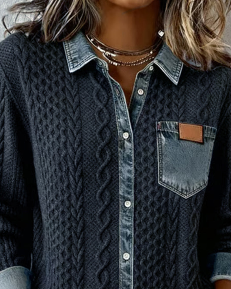 Women's Chunky Cable Knit Button-Up Cardigan with Denim Collar and Chest Pocket – Relaxed Long Sleeve Layer for Autumn and Winter Casual Wear