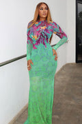 Ocean Print Sheer Fitted Maxi-Length Dress