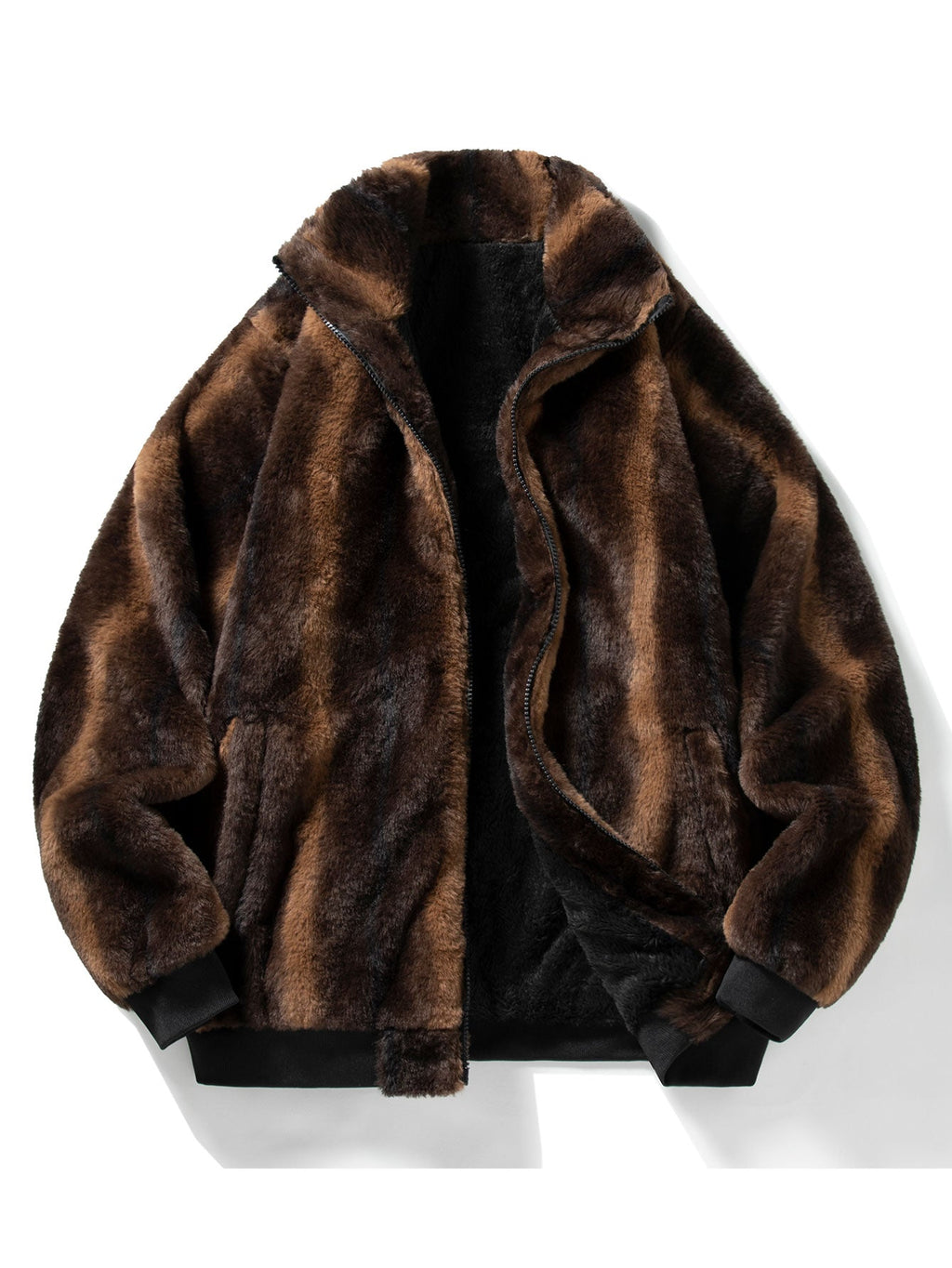 Men's Plush Faux Fur Zip-Up Jacket – Soft Textured Winter Outerwear with Stand Collar and Ribbed Trims for Casual Wear