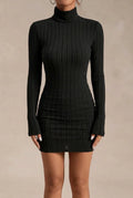 Women's Ribbed Knit Bodycon Mini Dress with High Turtleneck and Long Thumbhole Sleeves – Slim Fit Stretch Knitted Sweater Dress for Elegant Autumn Winter Evening Wear and Smart Casual Outfits