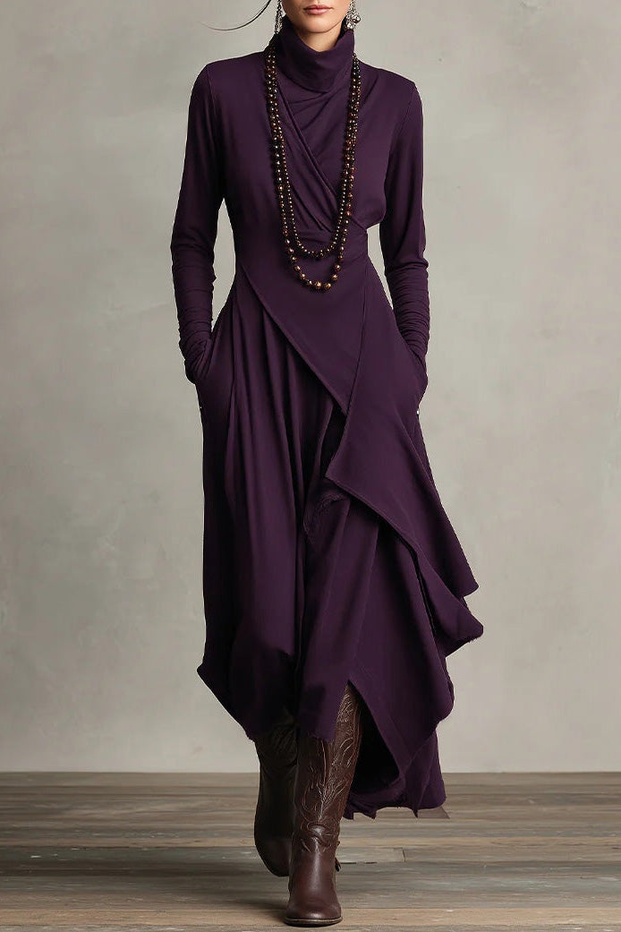 Purple High-neck Asymmetrical Pleated Maxi-Length Dress