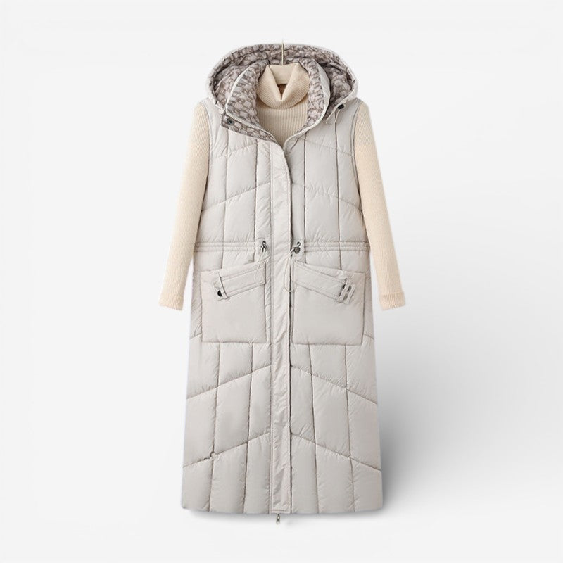 Women’s Longline Reversible Quilted Gilet with Hood and Adjustable Waist – Warm Sleeveless Padded Bodywarmer for Autumn and Winter
