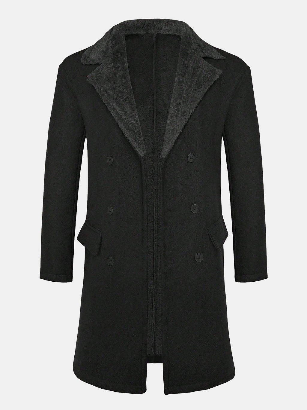 Men's Long Faux Wool Winter Coat – Double-Breasted Overcoat with Teddy Fleece Collar and Warm Lining for Smart Casual Wear