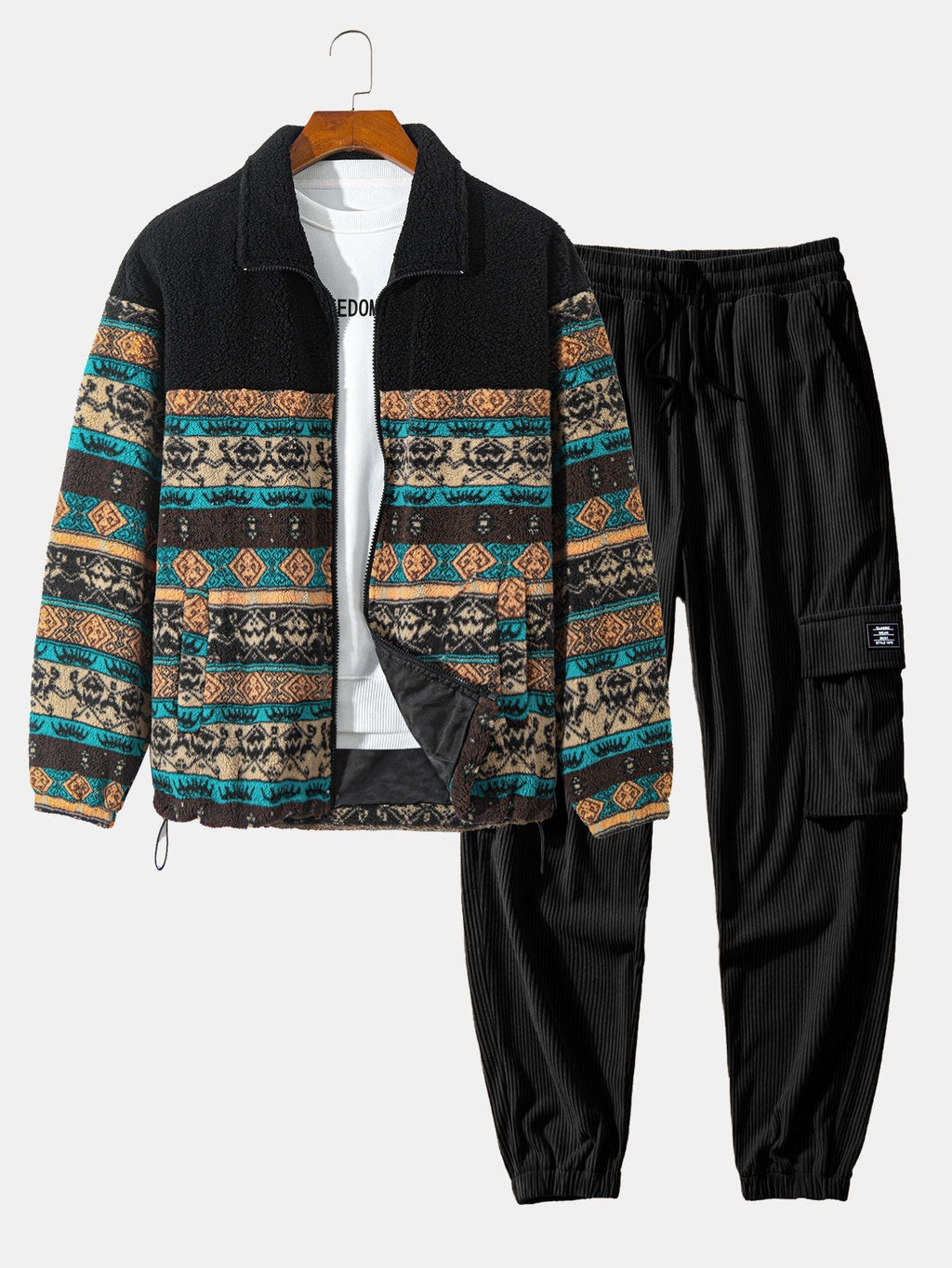Men's Printed Teddy Fleece Jacket and Corduroy Cargo Jogger Set – Relaxed Zip-Up Outfit for Autumn and Winter Streetwear