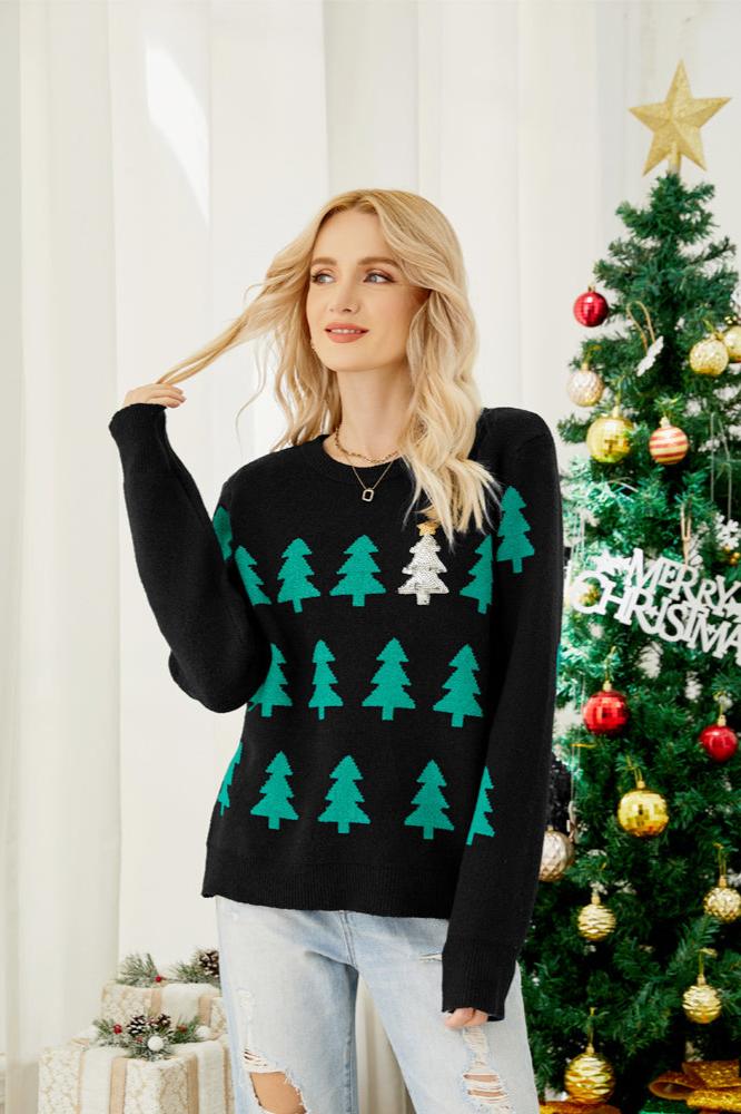 Sparkling Sequined Christmas Tree Knit Sweater